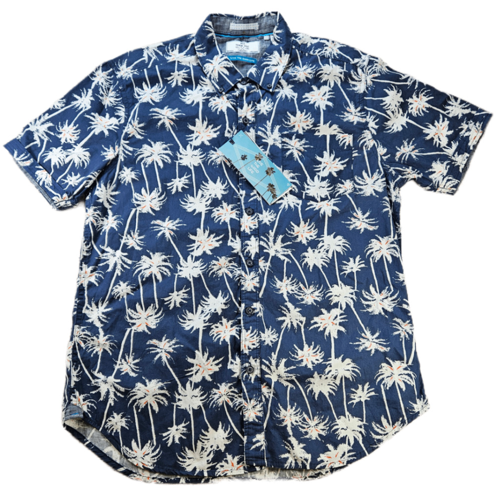 MBX Premium Goods Men's Casual Button-Down Shirt Navy White M Palm Tree Cotton
